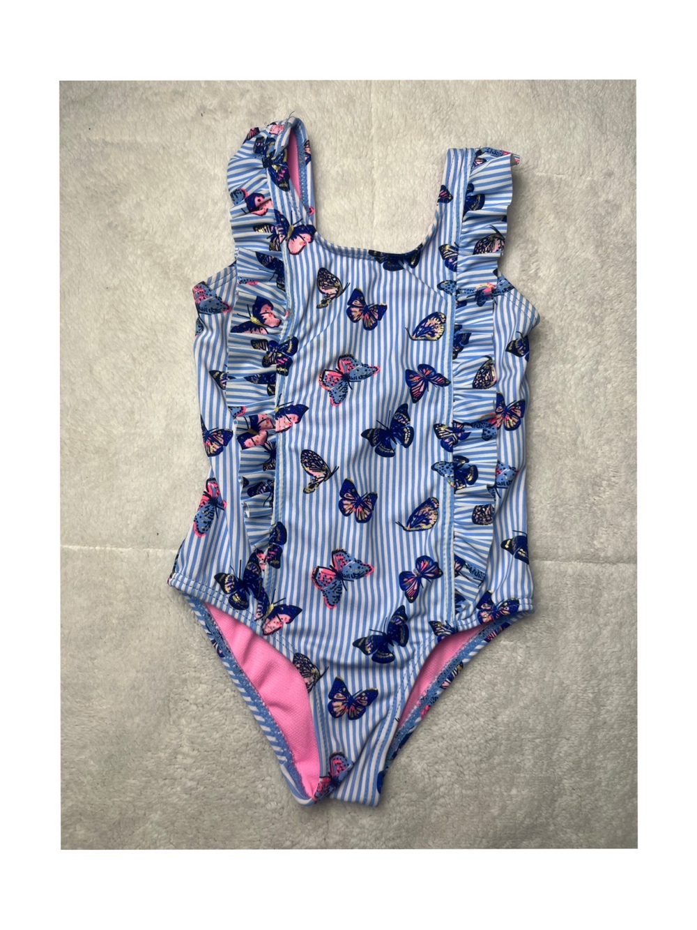 Kensie Girl Size 2T Blue Stripe Butterfly Ruffle One-Piece Swimsuit